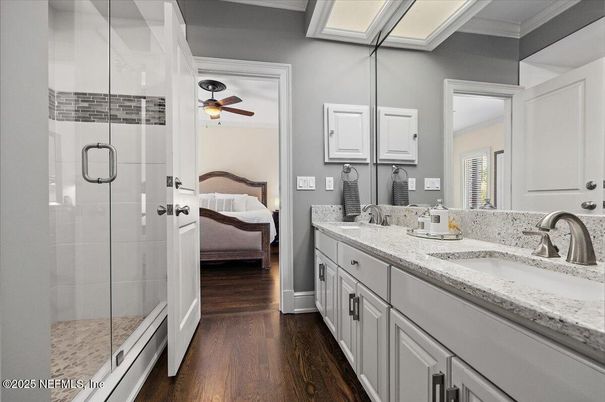 Bathroom, Bedroom, Glass Shower, Interior, Wood Texture Flooring