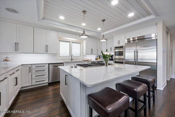 Interior, Kitchen, Pendant Lights, Recessed Lighting, Stainless Steel Appliances, Wood Texture Flooring