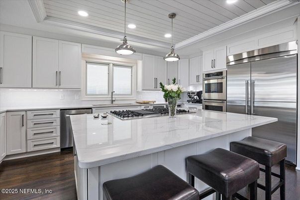 Interior, Kitchen, Pendant Lights, Recessed Lighting, Stainless Steel Appliances, Wood Texture Flooring