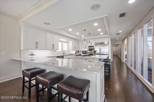 Interior, Kitchen, Pendant Lights, Recessed Lighting, Stainless Steel Appliances, Wood Texture Flooring