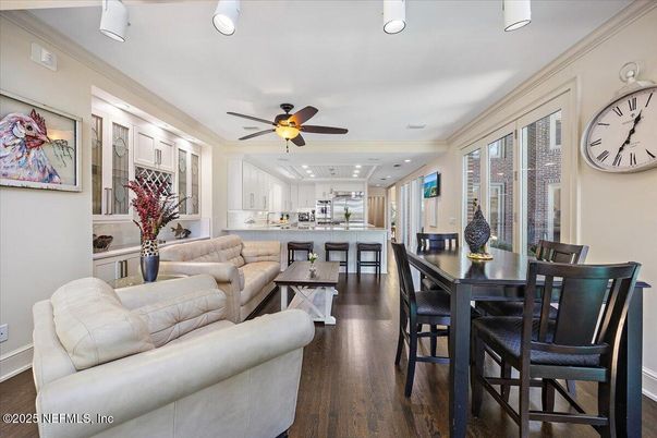 Dining room, Interior, Kitchen, Living room, Recessed Lighting, Wood Texture Flooring