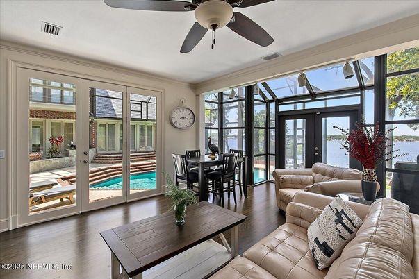 Dining room, Glass Ceilings, Interior, Living room, Sun Room, Water, Wood Texture Flooring