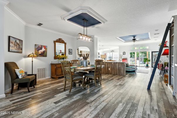 Dining room, Interior, Pendant Lights, Wood Texture Flooring
