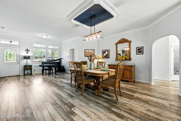Dining room, Interior, Pendant Lights, Piano, Wood Texture Flooring