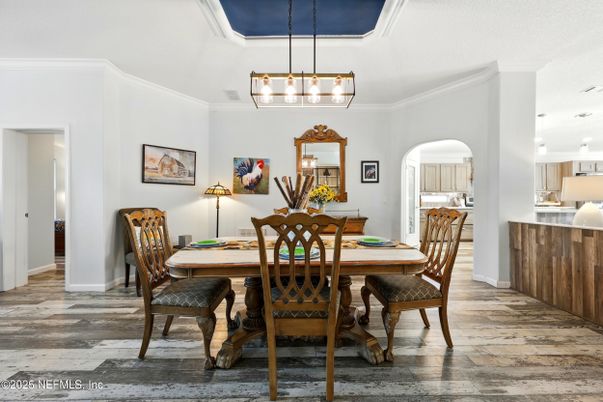 Chandelier, Dining room, Interior, Pendant Lights, Wood Texture Flooring
