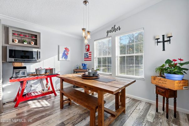 Dining room, Interior, Pendant Lights, Wood Texture Flooring