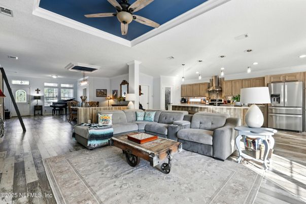Dining room, Interior, Kitchen, Living room, Pendant Lights, Recessed Lighting, Stainless Steel Appliances, Wood Texture Flooring