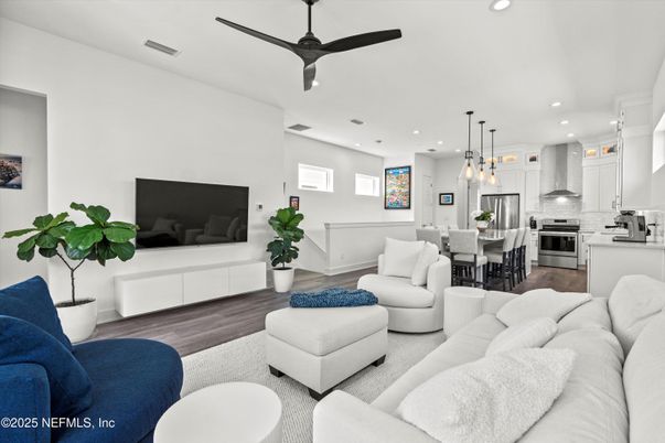 Dining room, Interior, Kitchen, Living room, Pendant Lights, Recessed Lighting, Stainless Steel Appliances, Wood Texture Flooring