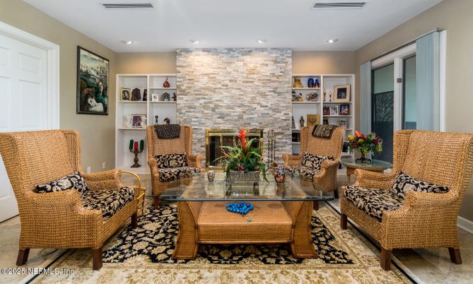 Fireplace, Interior, Living room, Recessed Lighting, Stone Walls