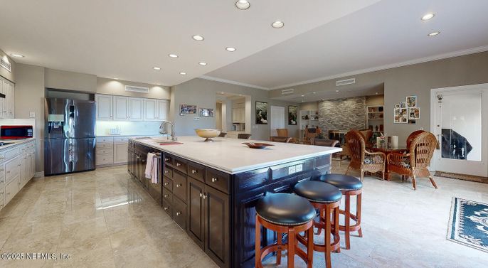 Dining room, Interior, Kitchen, Recessed Lighting, Stainless Steel Appliances, Stone Walls