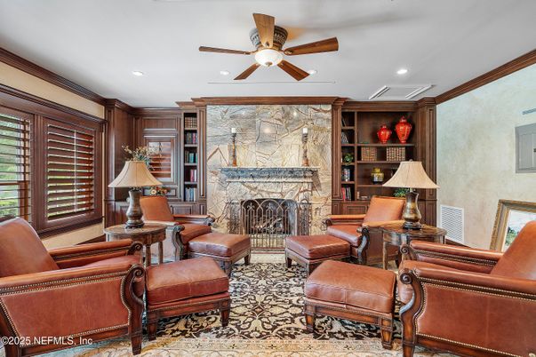 Fireplace, Home Office, Interior, Living room, Recessed Lighting, Stone Walls