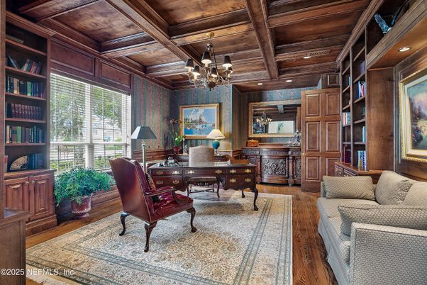 Chandelier, Home Office, Interior, Recessed Lighting, Wooden Beams, Wooden Ceilings, Wood Texture Flooring