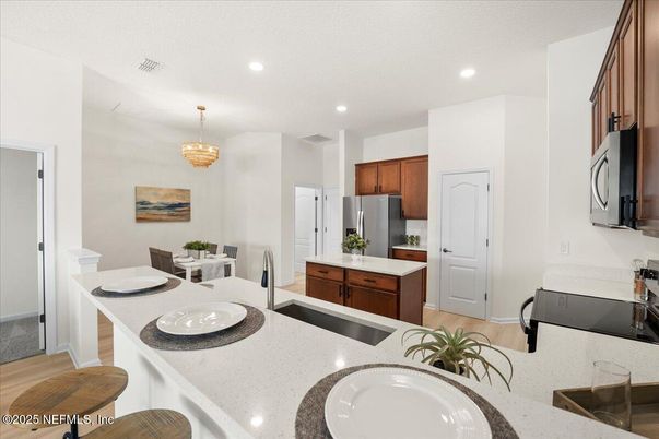 Chandelier, Dining room, Interior, Kitchen, Recessed Lighting, Wood Texture Flooring