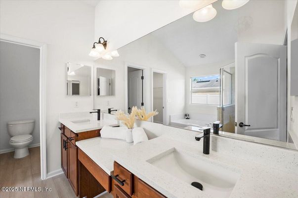 Bathroom, Dual Sink Vanities, Interior, Wood Texture Flooring