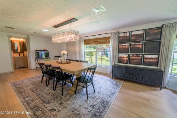 Chandelier, Dining room, Interior, Recessed Lighting, Wood Texture Flooring