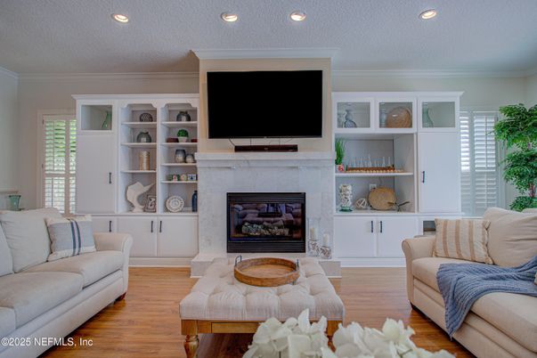 Fireplace, Interior, Living room, Recessed Lighting, Wood Texture Flooring