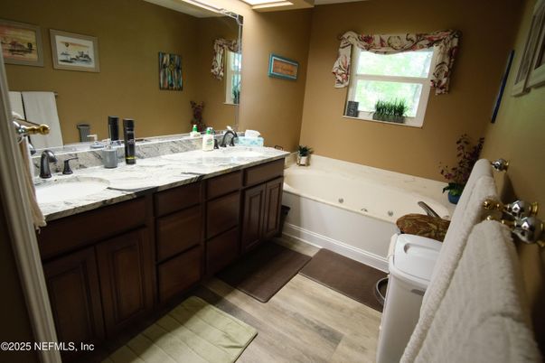Bathroom, Dual Sink Vanities, Interior, Wood Texture Flooring