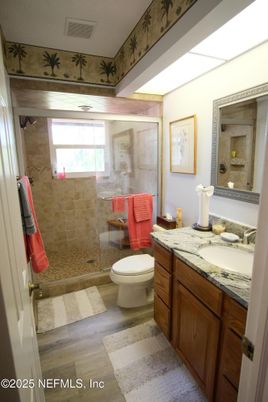 Bathroom, Glass Shower, Interior, Wood Texture Flooring