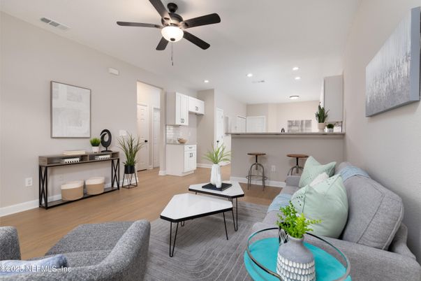 Interior, Kitchen, Living room, Recessed Lighting, Wood Texture Flooring
