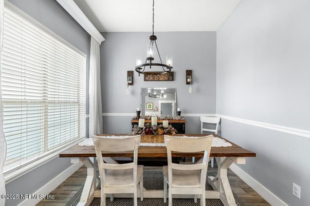 Dining room, Interior, Pendant Lights, Wood Texture Flooring