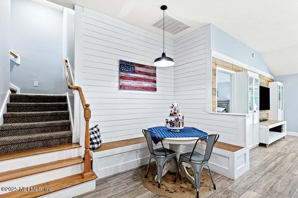 Dining room, Interior, Pendant Lights, Wood Texture Flooring