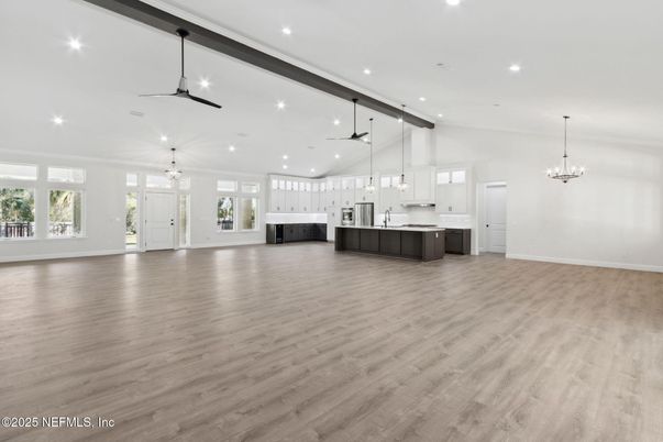 Chandelier, Empty room, Interior, Kitchen, Pendant Lights, Recessed Lighting, Wood Texture Flooring