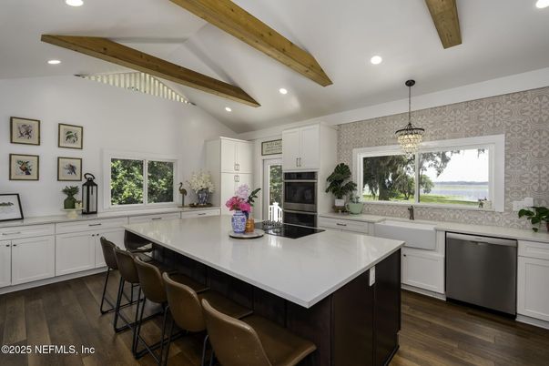 Interior, Kitchen, Pendant Lights, Recessed Lighting, Stainless Steel Appliances, Wooden Beams, Wood Texture Flooring