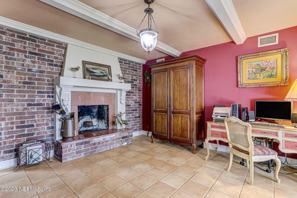 Fireplace, Home Office, Interior, Pendant Lights, Stone Walls