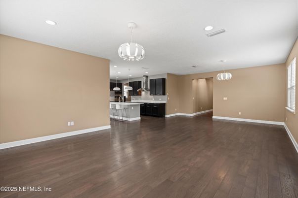 Empty room, Interior, Kitchen, Pendant Lights, Recessed Lighting, Wood Texture Flooring