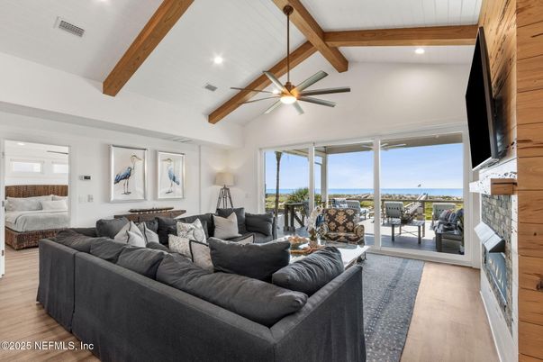 Fireplace, Interior, Living room, Recessed Lighting, Water, Wooden Beams, Wood Texture Flooring