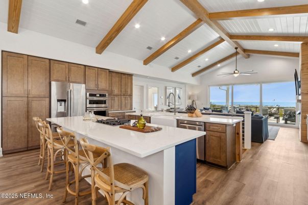 Interior, Kitchen, Recessed Lighting, Stainless Steel Appliances, Water, Wooden Beams, Wood Texture Flooring
