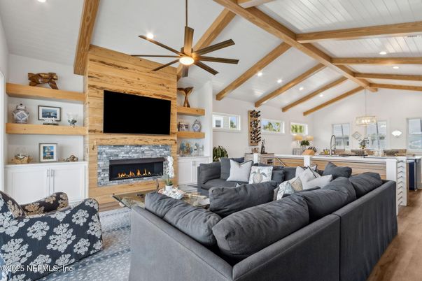 Dining room, Fireplace, Interior, Living room, Pendant Lights, Recessed Lighting, Wooden Beams, Wood Texture Flooring, Wooden Walls