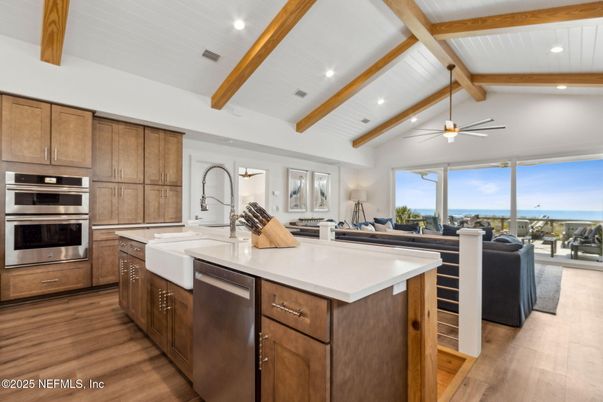 Interior, Kitchen, Living room, Recessed Lighting, Stainless Steel Appliances, Water, Wooden Beams, Wood Texture Flooring