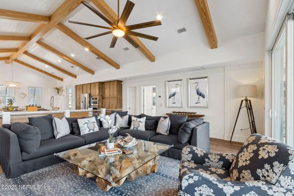 Interior, Kitchen, Living room, Pendant Lights, Recessed Lighting, Stainless Steel Appliances, Wooden Beams, Wood Texture Flooring