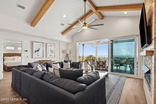 Fireplace, Interior, Living room, Recessed Lighting, Water, Wooden Beams, Wood Texture Flooring