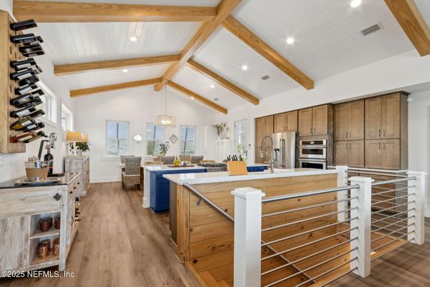 Interior, Kitchen, Pendant Lights, Recessed Lighting, Stainless Steel Appliances, Wooden Beams, Wood Texture Flooring