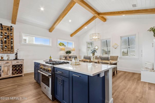 Interior, Kitchen, Pendant Lights, Recessed Lighting, Stainless Steel Appliances, Wooden Beams, Wood Texture Flooring