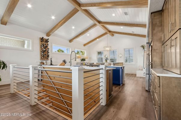 Chandelier, Interior, Pendant Lights, Recessed Lighting, Wooden Beams, Wood Texture Flooring