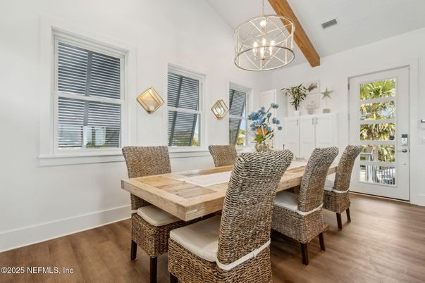 Dining room, Interior, Pendant Lights, Wooden Beams, Wood Texture Flooring