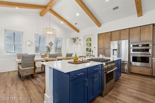 Dining room, Interior, Kitchen, Pendant Lights, Recessed Lighting, Stainless Steel Appliances, Wooden Beams, Wood Texture Flooring