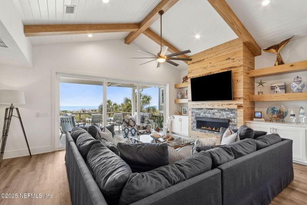 Fireplace, Interior, Living room, Recessed Lighting, Water, Wooden Beams, Wood Texture Flooring, Wooden Walls