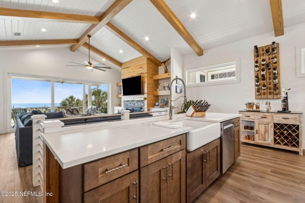 Fireplace, Interior, Kitchen, Recessed Lighting, Water, Wooden Beams, Wood Texture Flooring