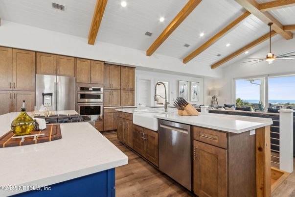 Interior, Kitchen, Recessed Lighting, Stainless Steel Appliances, Water, Wooden Beams, Wood Texture Flooring