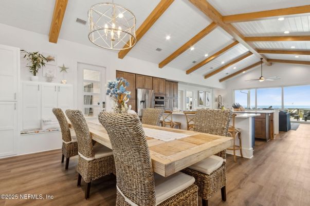 Dining room, Interior, Kitchen, Pendant Lights, Recessed Lighting, Stainless Steel Appliances, Wooden Beams, Wood Texture Flooring