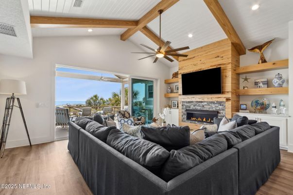 Fireplace, Interior, Living room, Recessed Lighting, Water, Wooden Beams, Wood Texture Flooring, Wooden Walls
