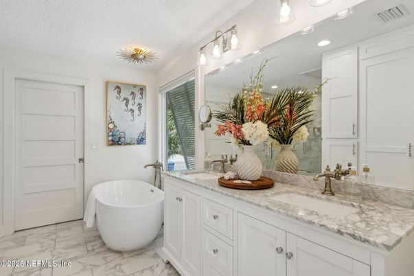 Bathroom, Dual Sink Vanities, Free Standing Baths, Interior, Marble, Recessed Lighting