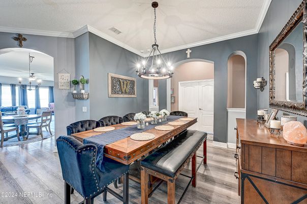 Chandelier, Dining room, Interior, Pendant Lights, Wood Texture Flooring