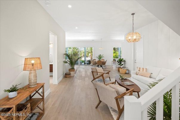 Dining room, Interior, Living room, Pendant Lights, Recessed Lighting, Wood Texture Flooring