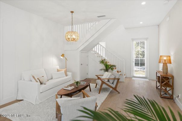 Interior, Living room, Pendant Lights, Recessed Lighting, Wood Texture Flooring