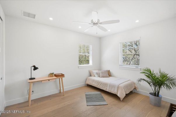 Bedroom, Interior, Recessed Lighting, Wood Texture Flooring